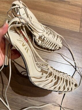 Zara Cream Braided Lace-Up Heel Sandals